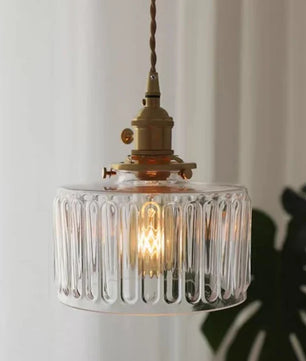 Vintage Cylinder Ribbed Glass Pendant Light