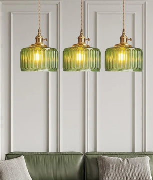 Vintage Cylinder Ribbed Glass Pendant Light