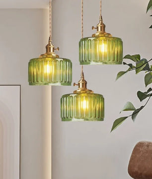 Vintage Cylinder Ribbed Glass Pendant Light