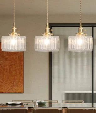 Vintage Cylinder Ribbed Glass Pendant Light