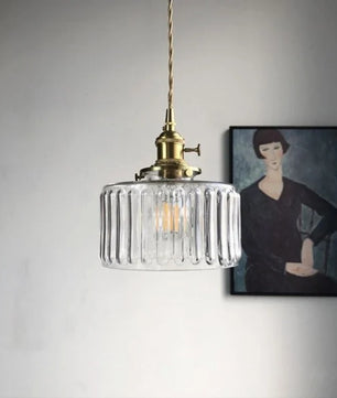 Vintage Cylinder Ribbed Glass Pendant Light