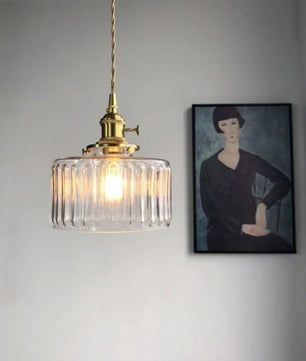 Vintage Cylinder Ribbed Glass Pendant Light